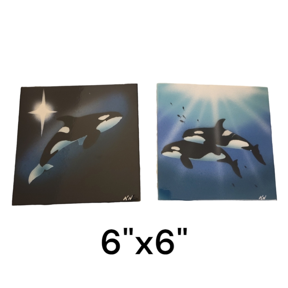 2 hand painted ceramic tiles with orcas